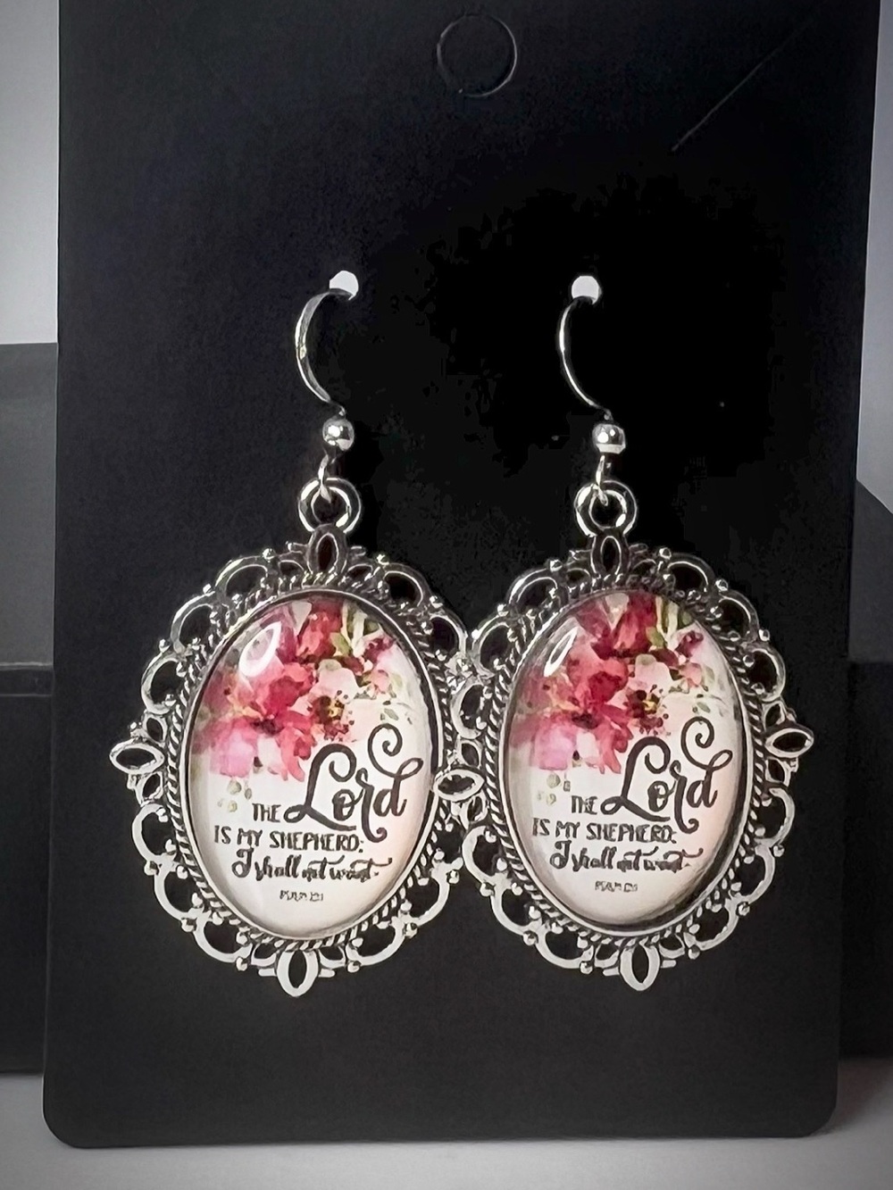 The Lord is My Shepherd Floral Scripture Oval Drop Earrings in Pink and Silver